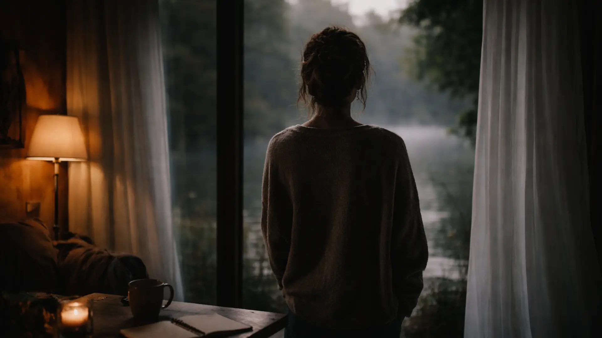 a beautiful fine art photograph taken over the shoulder of a female figure looking out the window